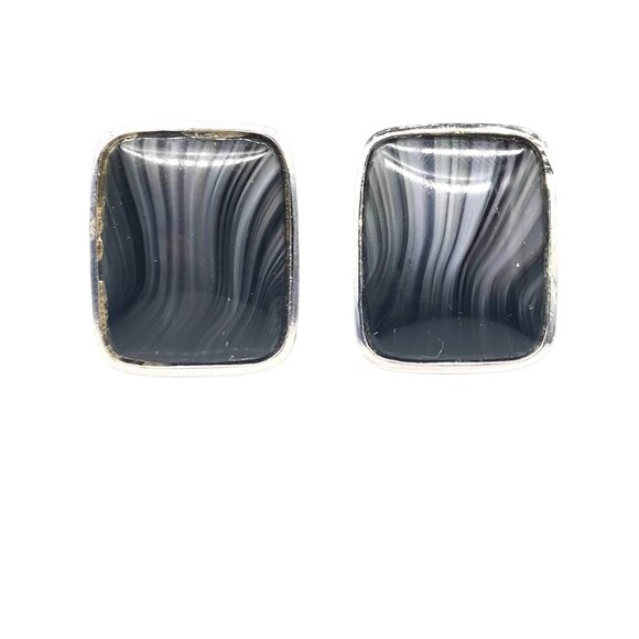 Vintage Black Banded Agate Earrings, Silver Tone Frames with Clip On, Chic Stria - Picture 1 of 5